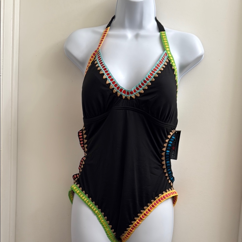 Bar III Be-Weave It Cut Out Maillot One Piece Swimsuit - Size Large Black NWT